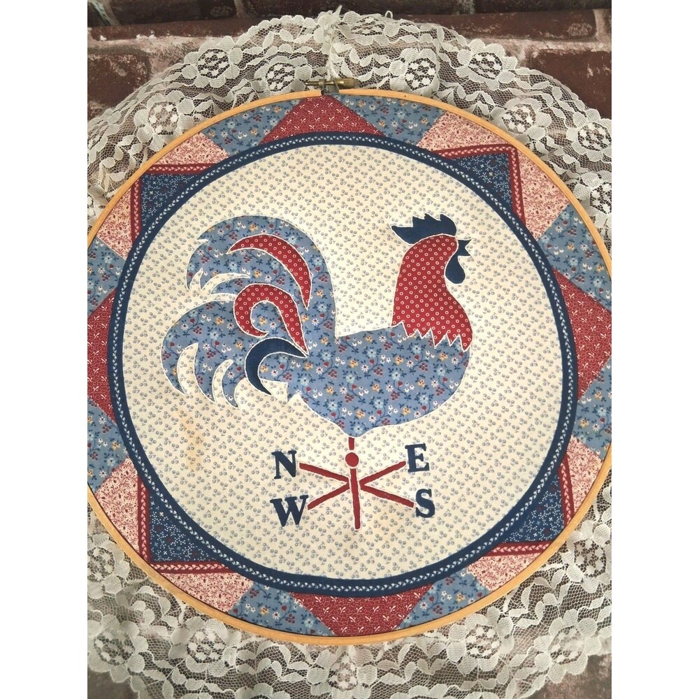 Vintage Quilted Rooster Embroidery Hoop Wall Folk Art Cottagecore Farmhouse